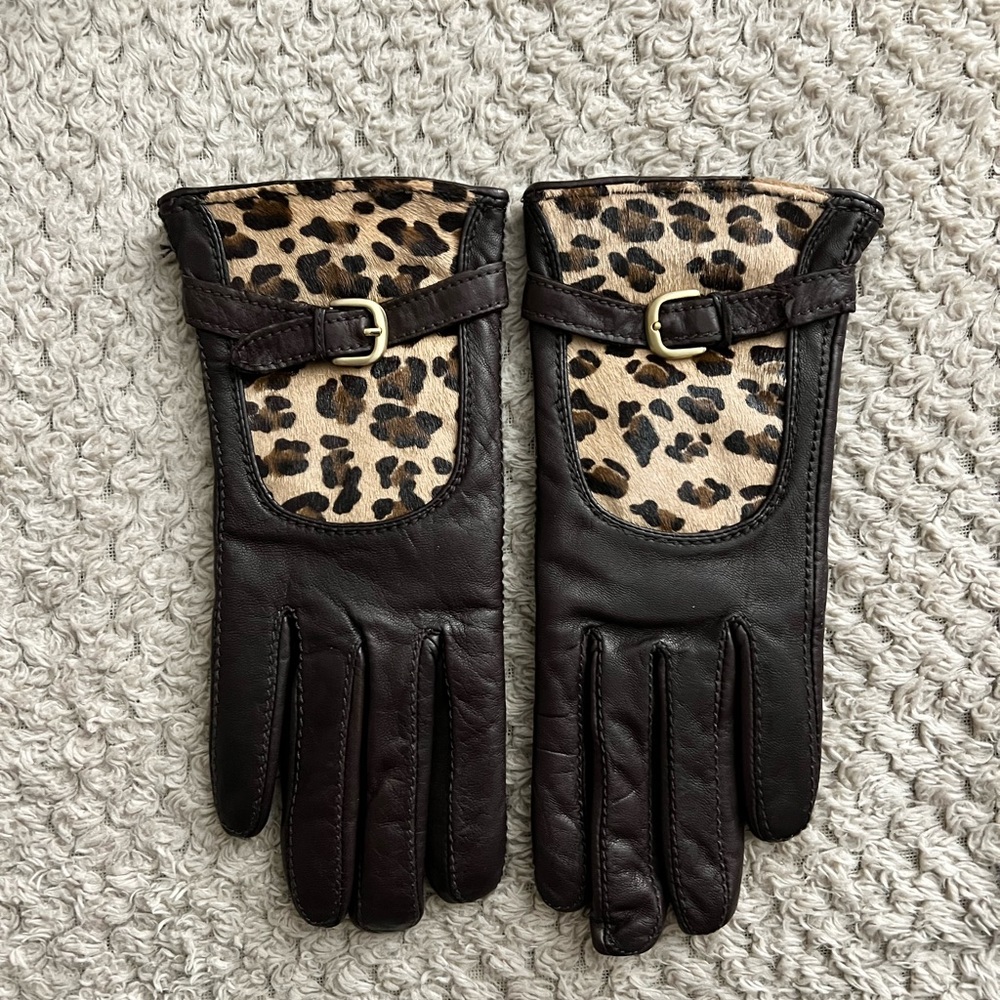 Women’s Leopard Cuff  Leather Gloves, Brown, Small